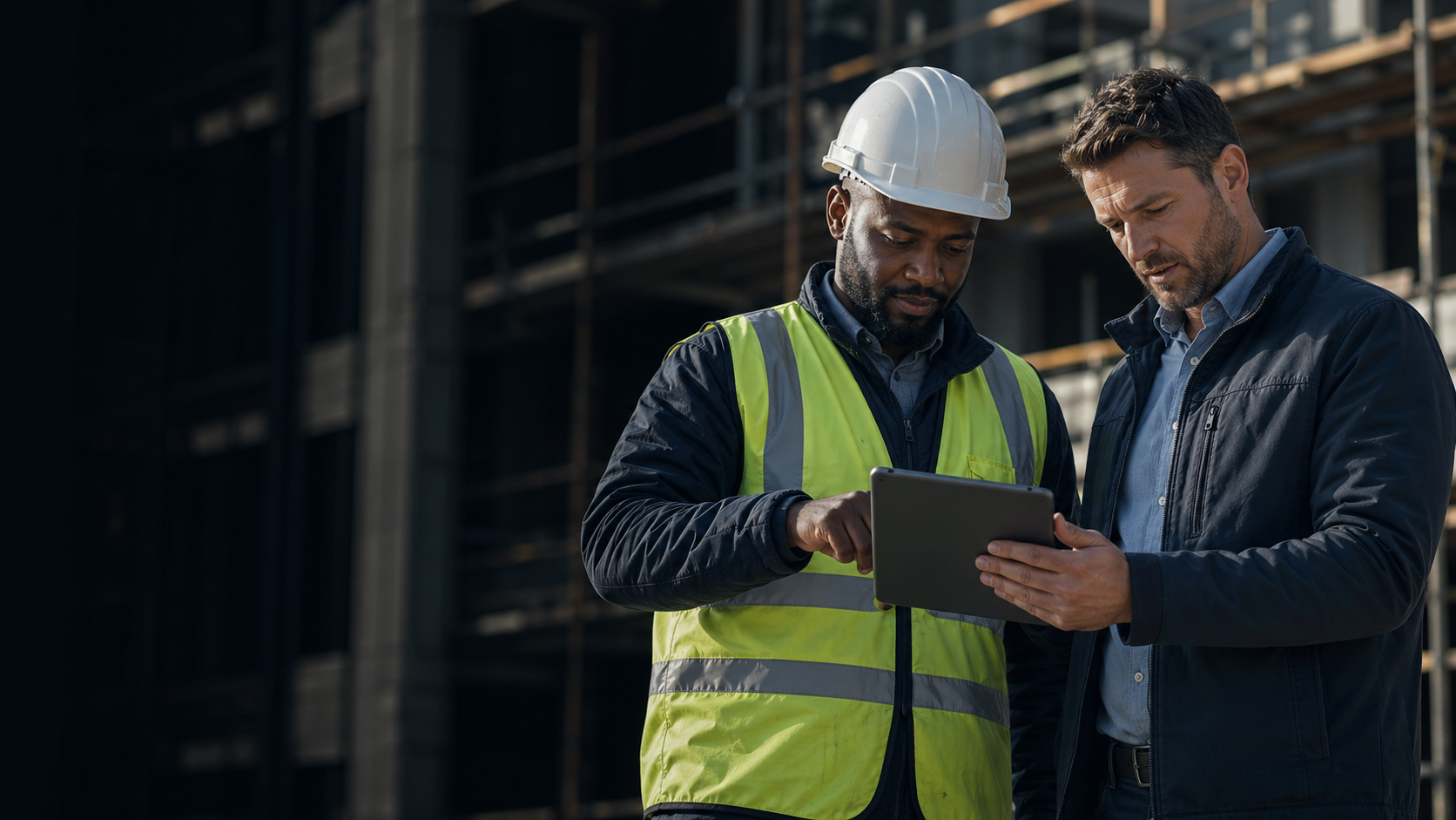 Contractor and customer reviewing a quote on a tablet