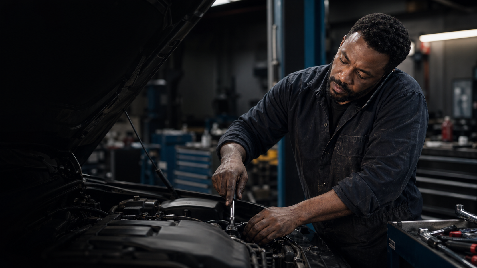 Auto mechanic taking a phone call while working on a car engine