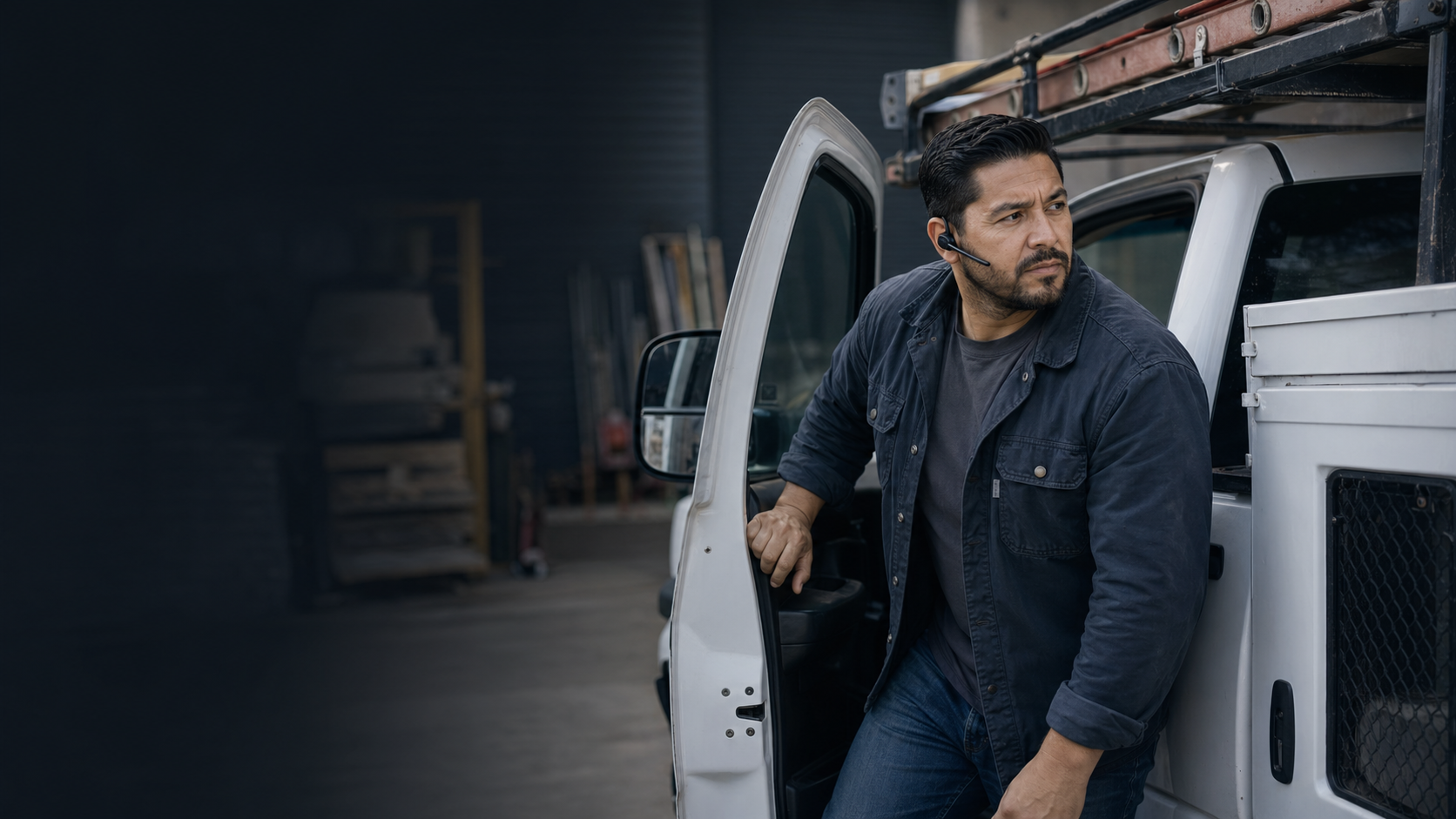 Business owner answering calls from a work truck